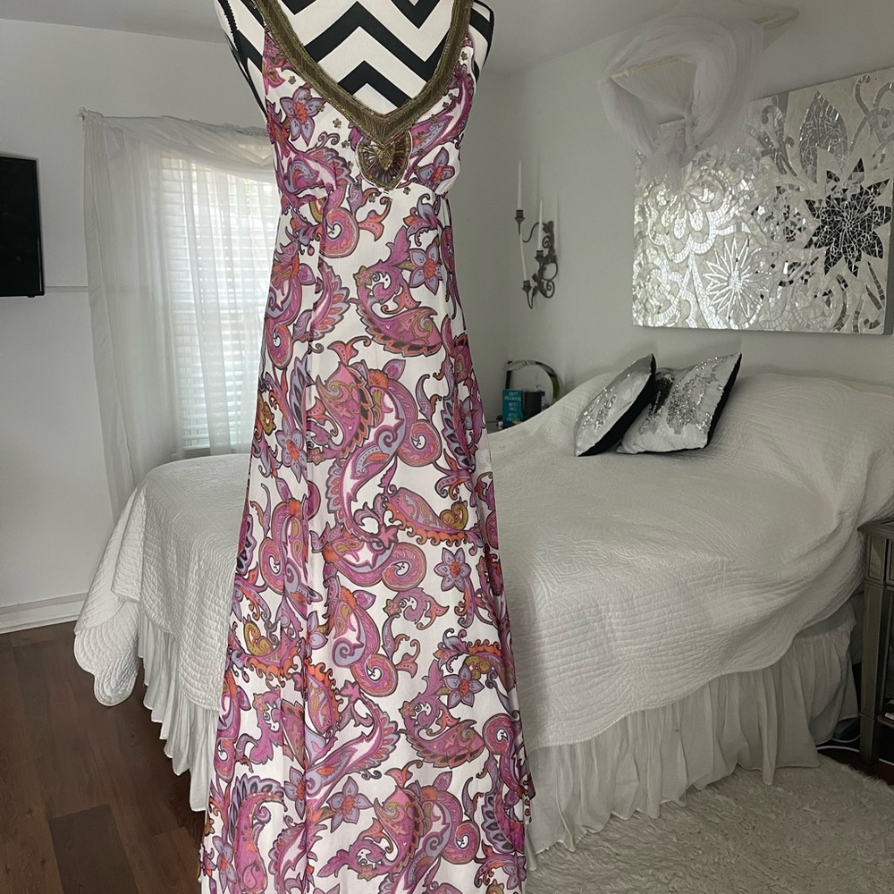 Beautiful maxi dress with embellished neckline.